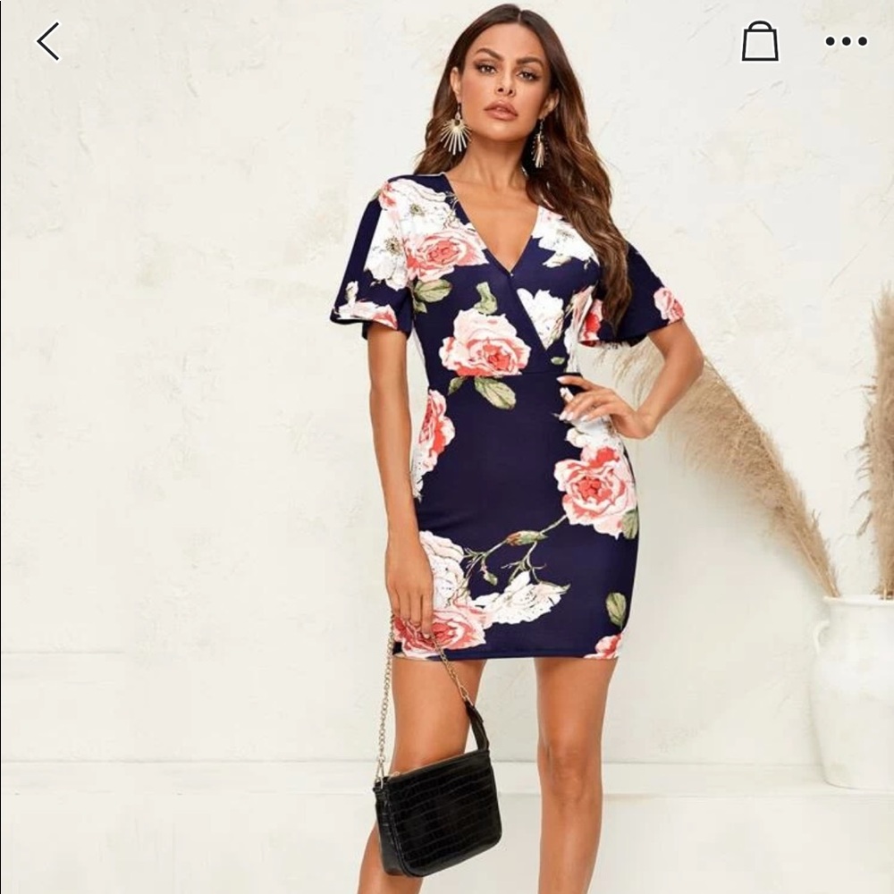 Navy Blue Floral Bell Sleeve Dress NWT Size L